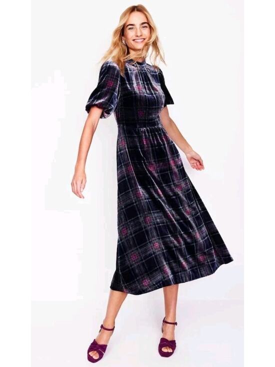Boden Dresses & Skirts - Boden Velvet High Neck Dress Short Puff Sleeve Blue Colorful Plaid